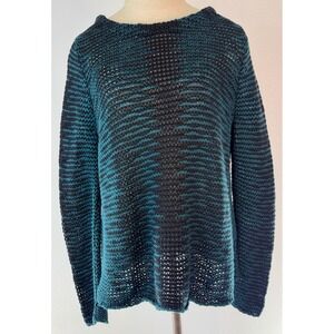 Indigenous Hand Knit Sweater Organic Cotton Lyocell Teal Black Striped Cabincore